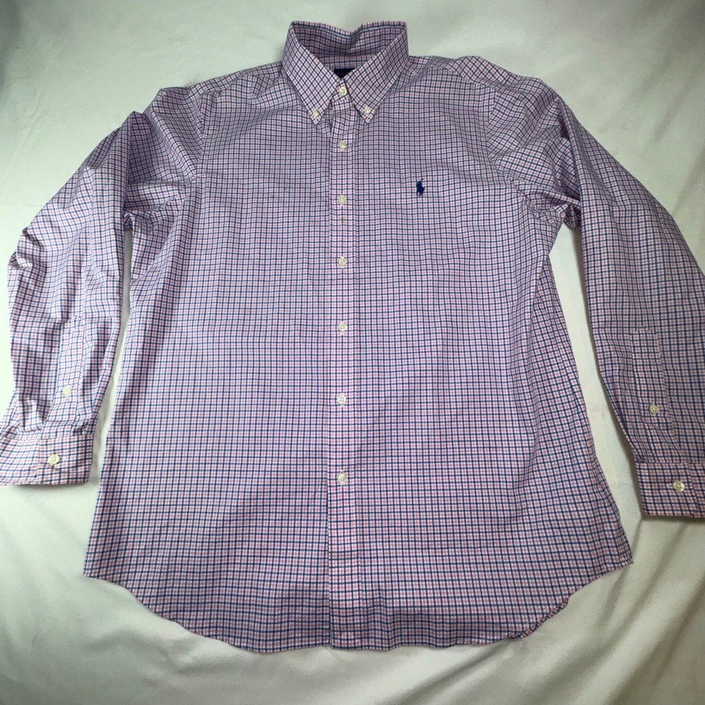 Ralph Lauren Mens Classic Fit Gingham Button Down Shirt Pink Navy Blue Large